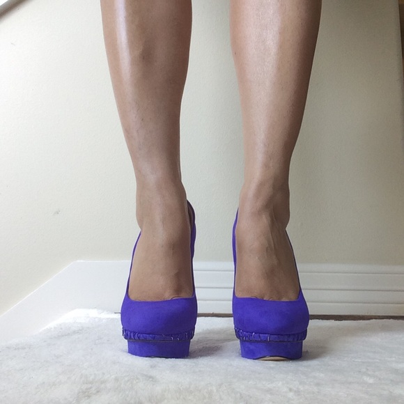 B Brian Atwood Fontanne Purple Ultra Violet Suede and Snake Print Leather Heels - Picture 5 of 13